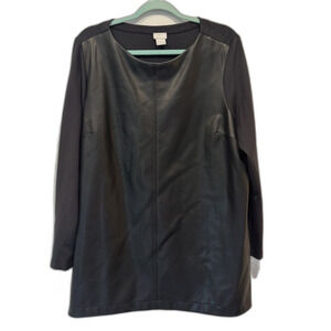 Chico's Tunic Top Vegan Leather Front Long Sleeve Black Mixed Media Women sz XL
